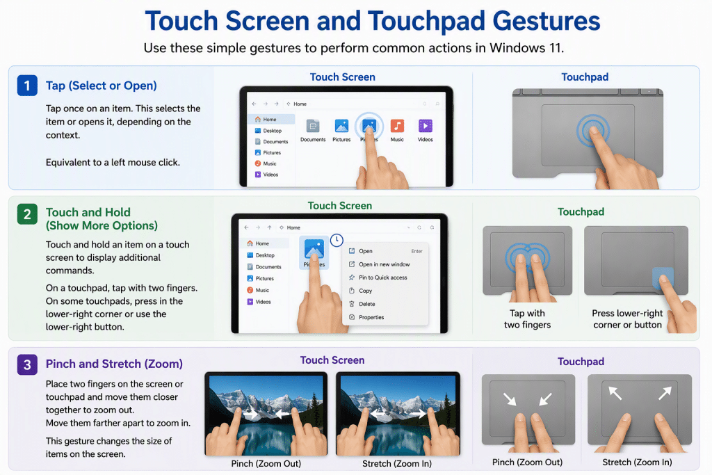 A picture showing how to use touch gestures in Windows 11. It shows how to tap to select or open an item, touch and hold to show more options for an item, and pinch or stretch to zoom.