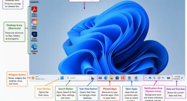 blog-7-14-2026-thewindows11desktop A picture showing the locations of the Recycle Bin and desktop shortcuts on the desktop in Windows 11 and the locations of the widgets button, start button, search button, task view button, pinned apps, open apps, notification area, and date and time area in the taskbar of the Windows 11 desktop.