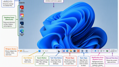 blog-7-14-2026-thewindows11desktop A picture showing the locations of the Recycle Bin and desktop shortcuts on the desktop in Windows 11 and the locations of the widgets button, start button, search button, task view button, pinned apps, open apps, notification area, and date and time area in the taskbar of the Windows 11 desktop.