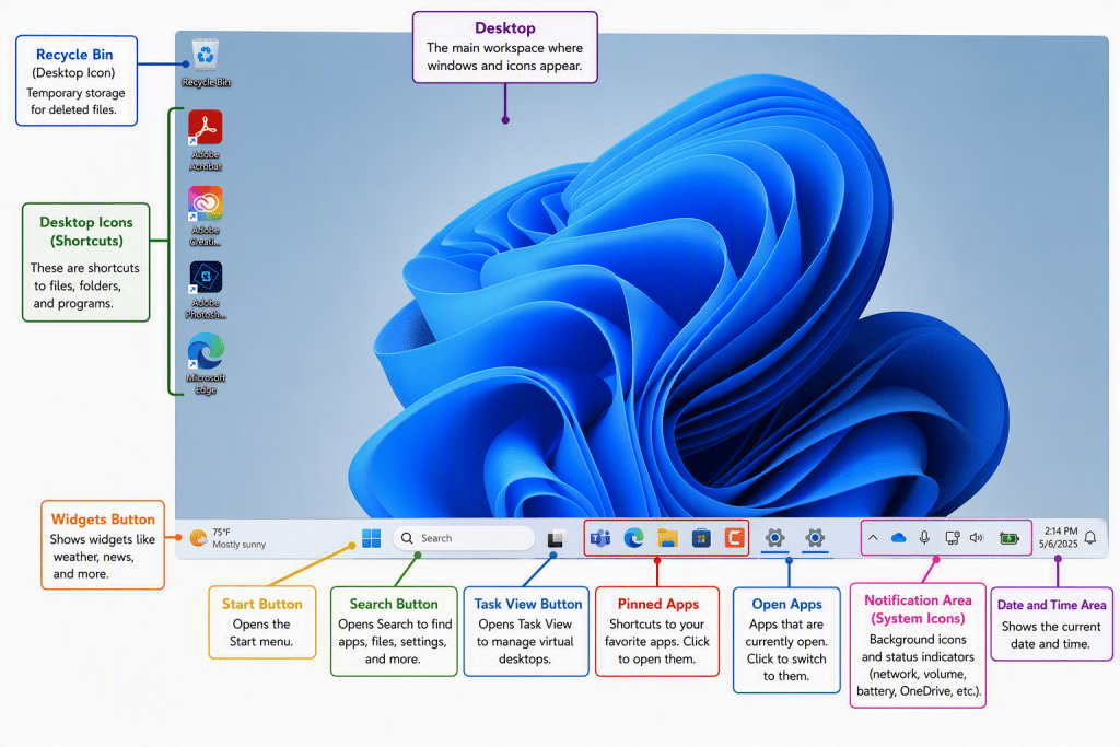 A picture showing the locations of the Recycle Bin and desktop shortcuts on the desktop in Windows 11 and the locations of the widgets button, start button, search button, task view button, pinned apps, open apps, notification area, and date and time area in the taskbar of the Windows 11 desktop.