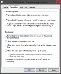 A picture of the "Taskbar and Navigation Properties" dialog box that is used when booting to the Desktop in Windows 8.1.