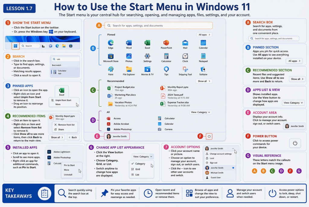 A picture showing how to use the Start Menu in Windows 11.