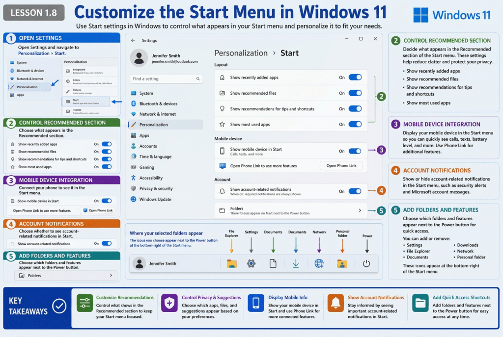 A picture showing how to customize the Start menu in Windows 11 by changing the Start settings.
