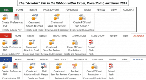 Create PDF Using Microsoft Office. A picture of the "Acrobat" tab in Excel, PowerPoint and Word 2013.
