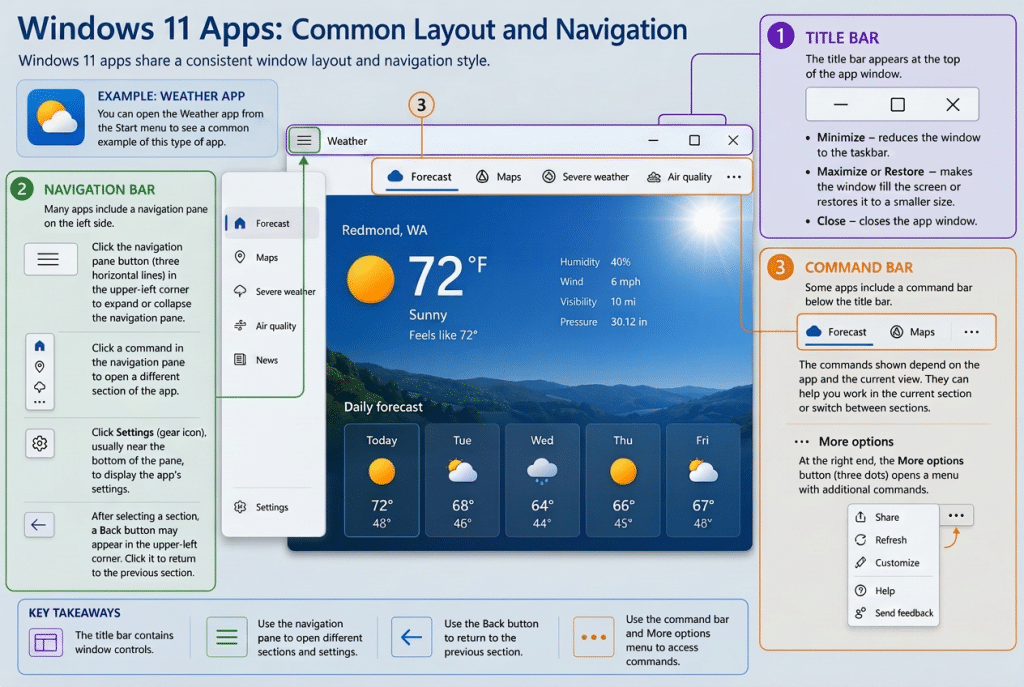 A picture showing how to use Windows 11 apps and app windows.
