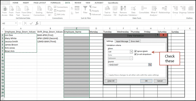 A picture of Step #8 in How to Add a Drop Down List in Excel.