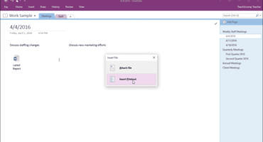 Insert File Attachments in OneNote - Instructions: A picture of a user inserting external file attachments into a OneNote notebook.