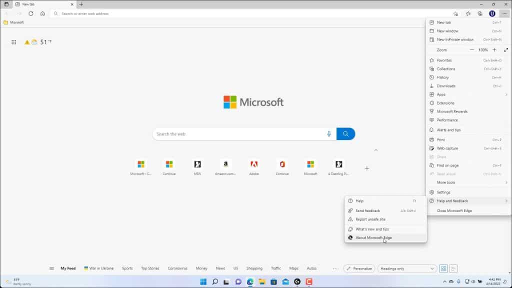 A picture showing how to update Microsoft Edge in Windows 11 by manually checking for updates.