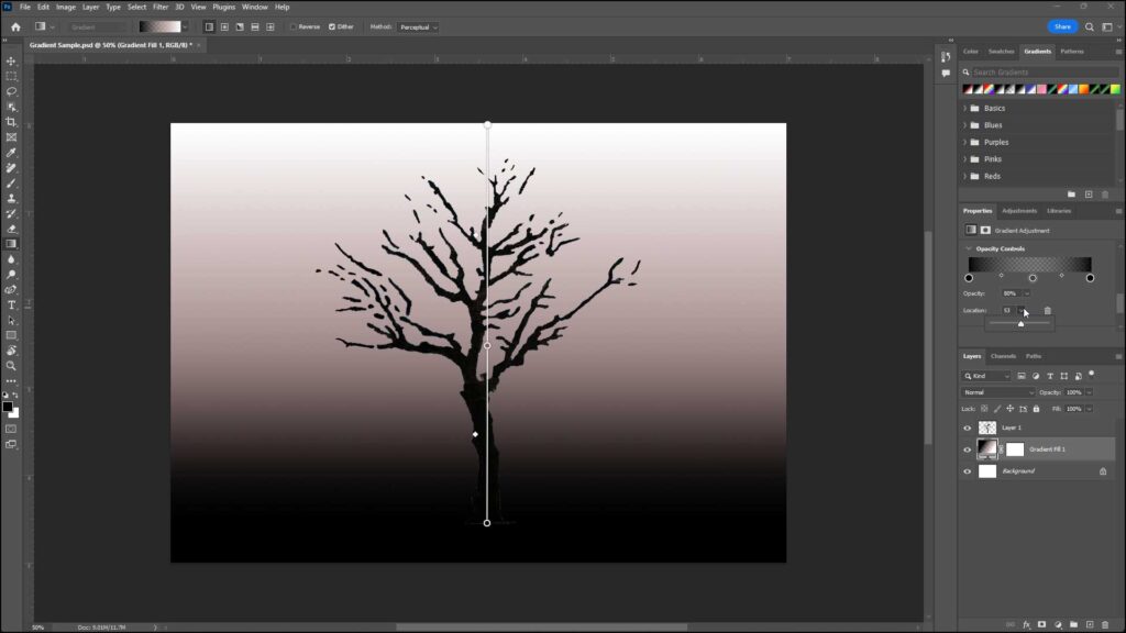 A picture showing how to edit the opacity of a gradient created using the new Gradient Tool in Photoshop.