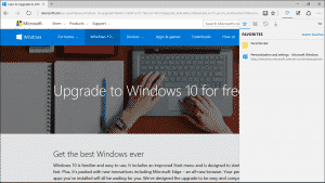 Information about Windows 10: Microsoft Edge- A picture of the Microsoft Edge browser. The new Edge Hub that contains links to your Favorites, Reading List, History, and Downloads is shown at the right side of the browser window.