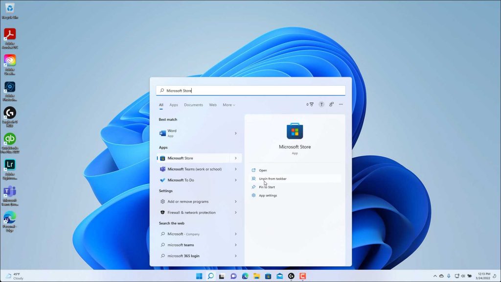A picture showing the Search results menu in Windows 11.