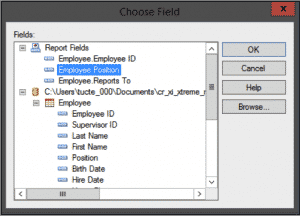 Selecting records by choosing a field by which to filter report data in the "Choose Field" dialog box within Crystal Reports 2013.