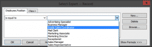 Selecting records by using comparison criteria for filtering data fields in the "Select Expert"d dialog box in Crystal reports 2013.