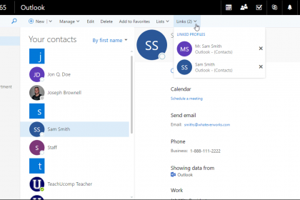 Link Contacts in Outlook on the Web - Instructions: A picture of a user managing linked contacts for a selected contact in Outlook on the Web.