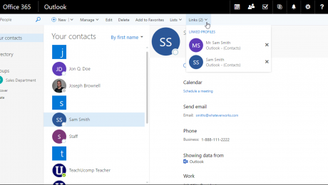 Link Contacts in Outlook on the Web - Instructions: A picture of a user managing linked contacts for a selected contact in Outlook on the Web.