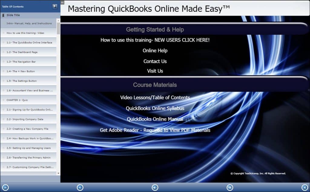 QuickBooks Online Training: A picture of the training interface for the digital download or DVD-ROM versions of “Mastering QuickBooks Online Made Easy” by TeachUcomp, Inc.