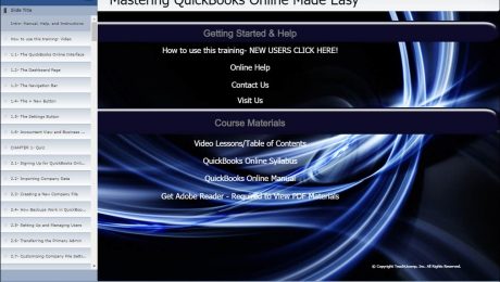 QuickBooks Online Training: A picture of the training interface for the digital download or DVD-ROM versions of “Mastering QuickBooks Online Made Easy” by TeachUcomp, Inc.