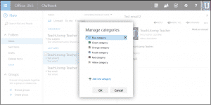 Manage Categories in Outlook Web App- Tutorial: A picture of the "Manage categories" popup window.