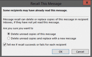 A picture of the "Recall This Message" dialog box that appears when you attempt to recall a message in Outlook.