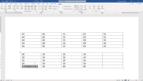View Formulas in a Table in Word - Instructions: A picture of a formula in a table cell in Word.