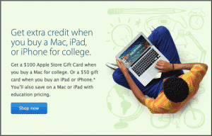 $50 to $100 iTunes Gift Card Promotion for Macs, iPads, and iPhones for College- August and September 2014.