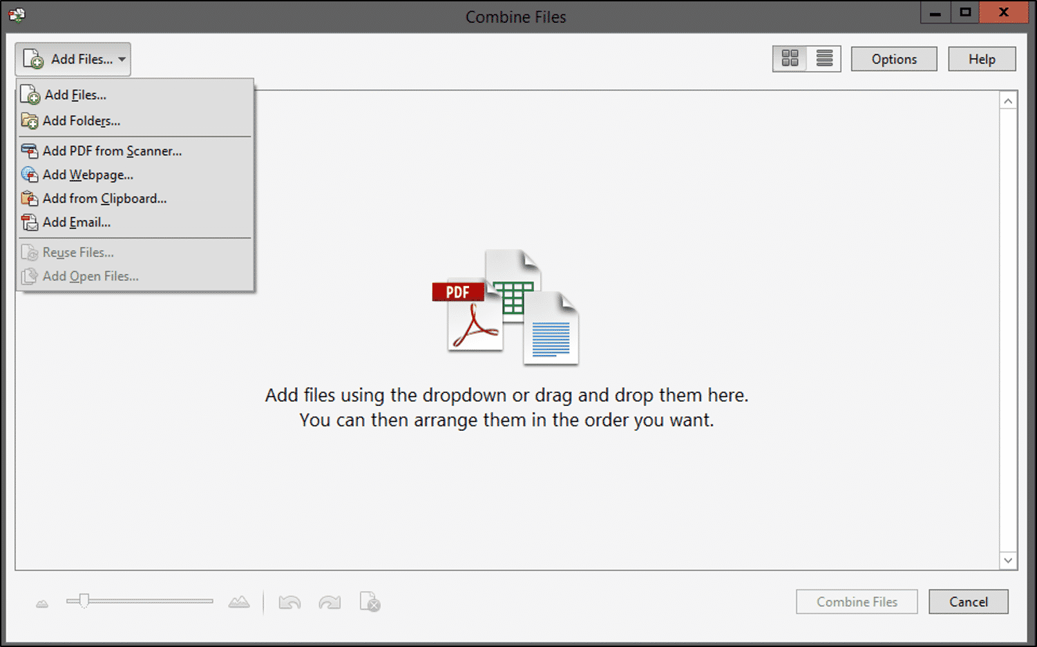 A picture of the "Combine Files" dialog box after clicking the “Add Files…” drop-down button to see a drop-down menu that shows the many ways you can add files to this dialog box to combine PDFs in Acrobat XI.
