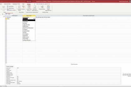 A picture of a user creating a new table in table design view in Access.