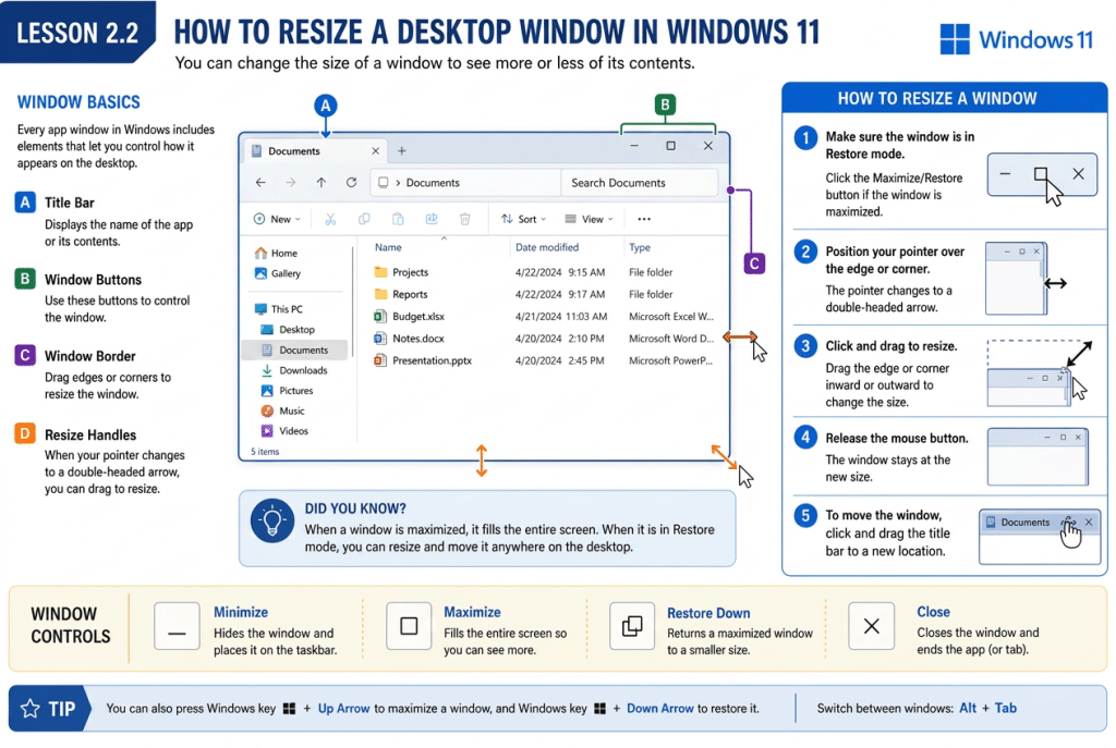 An infographic showing how to resize a desktop window in Windows 11.