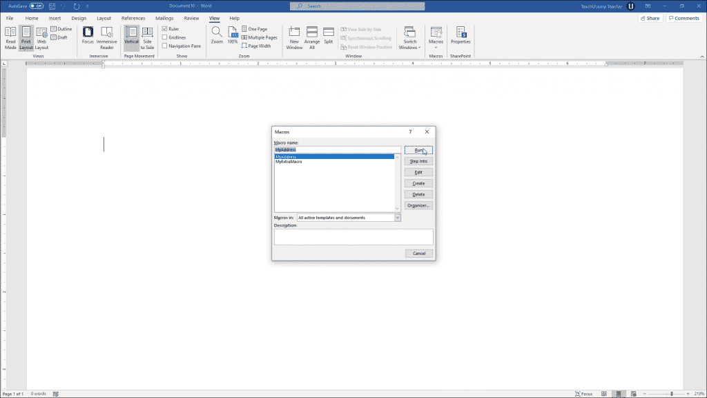 Run a Macro in Word- Instructions: A picture of the “Macros” dialog box in Microsoft Word.
