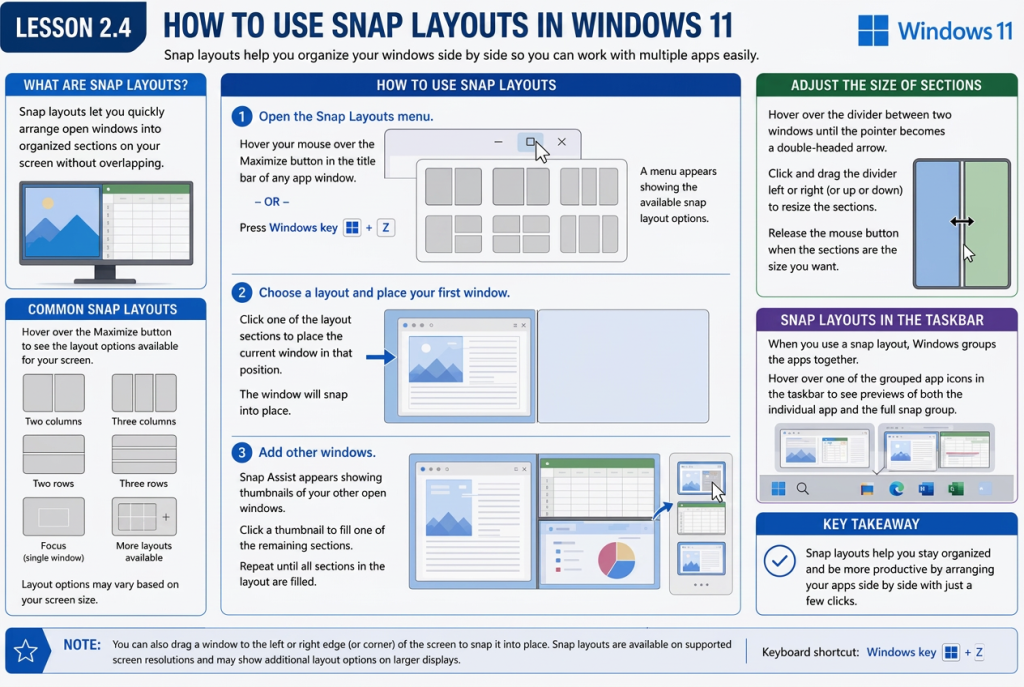 An infographic showing how to use snap layouts in Windows 11.