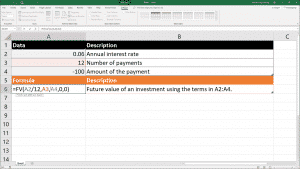 The Fv Function- Excel for Lawyers Tutorial: A picture of the Fv function being used in Excel.
