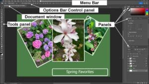 A picture showing the locations of the Menu Bar, Options bar Control panel, document window, Tools panel, and other panels in the default Photoshop workspace.