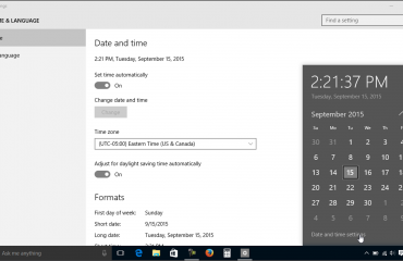 Change the Date and Time in Windows 10 - Tutorial: A picture of the “Date and time” settings in Windows 10 and the pop-up window that appears when you click the date/time display in the Windows 10 taskbar.