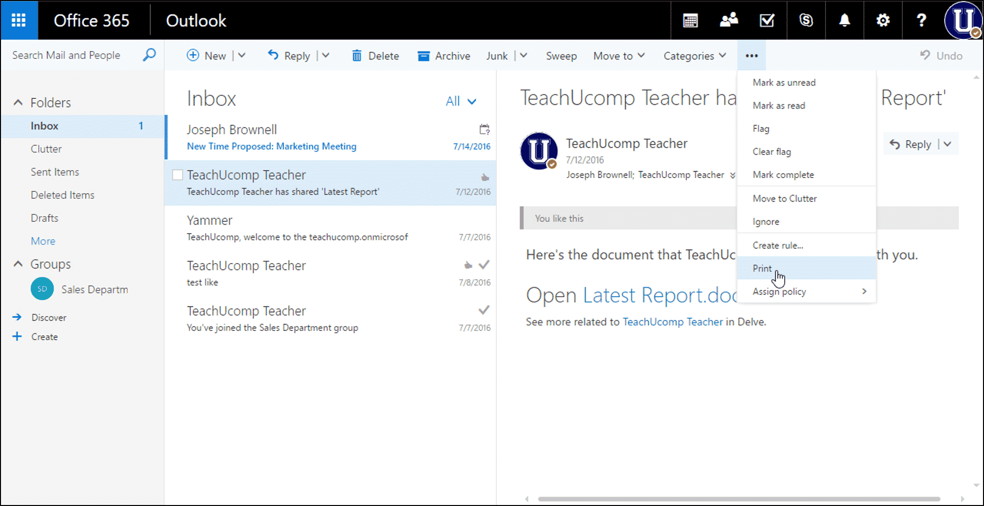 Print an Email in Outlook the Instructions