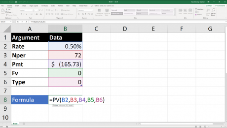 The Pv Function- Excel for Lawyers Tutorial: A picture of a user creating a formula that uses the Pv function in Excel.