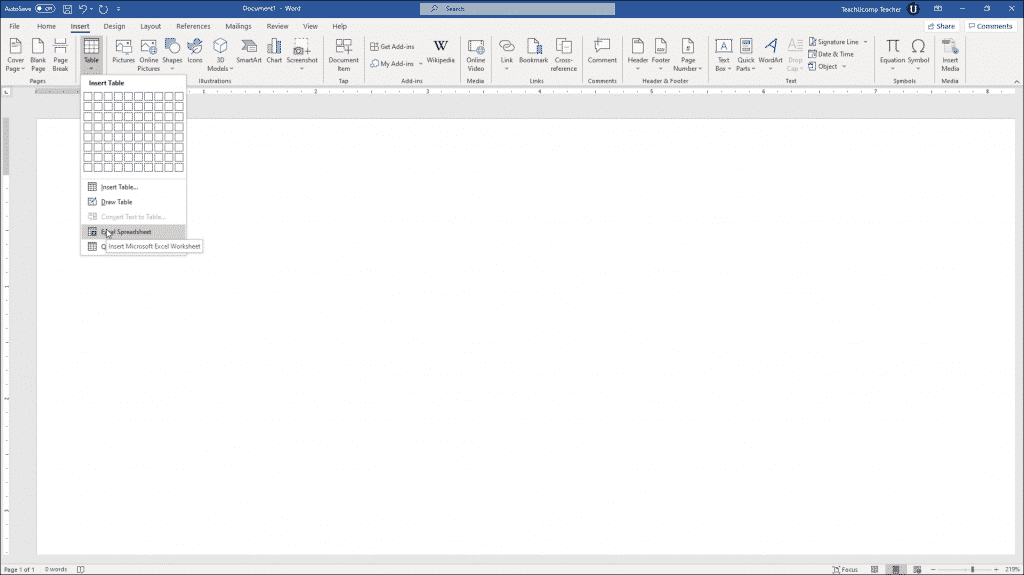Insert an Excel Worksheet into a Word Document - Instructions: A picture of a user inserting an Excel spreadsheet into a Word document.