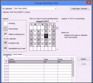A picture of the "Change Working Time" dialog box in Project 2013 being used to create a new base calendar.