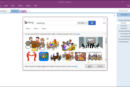 Add Pictures to OneNote Pages- Instructions: A picture of a user inserting a picture into a page in OneNote from Bing Image Search.