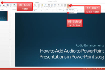 A picture that shows how to add music to PowerPoint presentations in PowerPoint 2013.