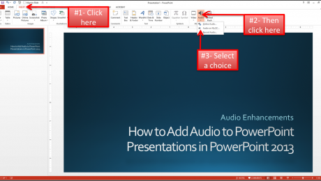 A picture that shows how to add music to PowerPoint presentations in PowerPoint 2013.