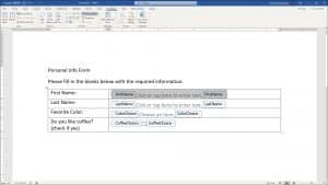 Create a Form in Word- Instructions and Video Lesson: A picture of a user creating a form in Word by using the “Developer” tab in the Ribbon.