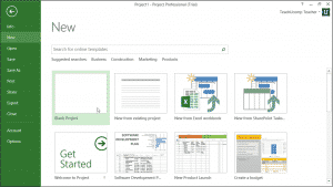 Create New Projects in Microsoft Project- Tutorial: A picture of the "New" category within the backstage view in Project 2013.