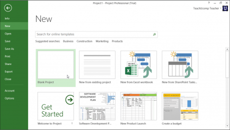Create New Projects in Microsoft Project- Tutorial: A picture of the 