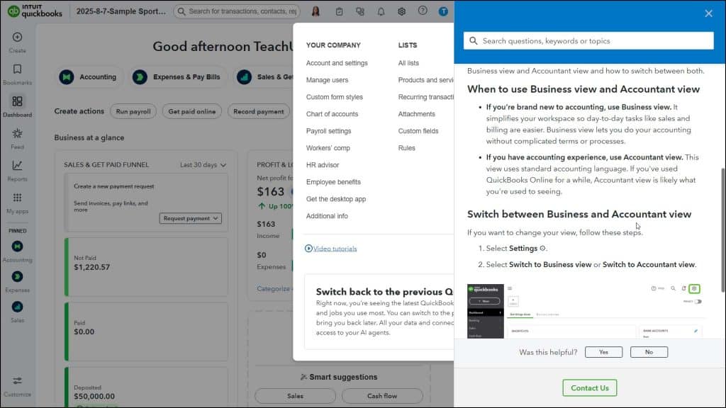A picture describing the differences between Accountant View and Business View in QuickBooks Online.
