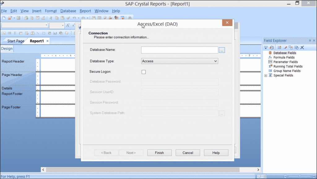 Access or Excel DAO in Crystal Reports 2013- Tutorial: A picture of the "Access/Excel (DAO)" dialog box in Crystal Reports 2013.