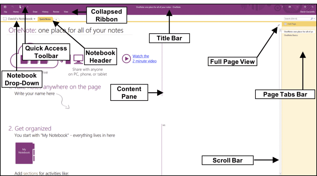 The OneNote Interface- Tutorial: A picture of the OneNote interface in OneNote 2016.