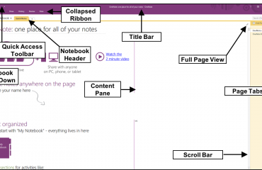 The OneNote Interface- Tutorial: A picture of the OneNote interface in OneNote 2016.