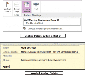Insert Outlook Meetings in OneNote: A picture showing the meeting details button in the Ribbon in OneNote 2013, as well as the inserted meeting details within a page.