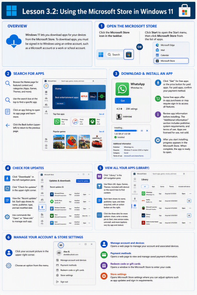 An infographic showing how to use the Microsoft Store in Windows 11.