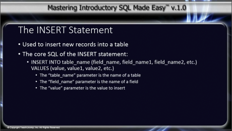 The INSERT Statement: A picture of the video lesson on the INSERT statement in SQL.